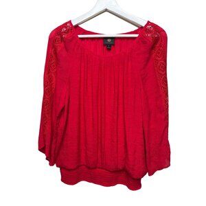 JM Collection Red Peasant Blouse Bell Sleeve Lace Womens Medium